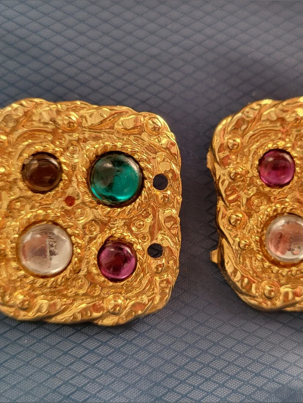 Vtg Gold-Tone Square Clip-On Statement 80s Earnings Green, Purple, Blue Accents